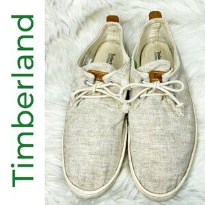 TIMBERLAND MEN’S NATURAL CANVAS LACE UP BOAT DECK LOAFERS, SIZE 10.5